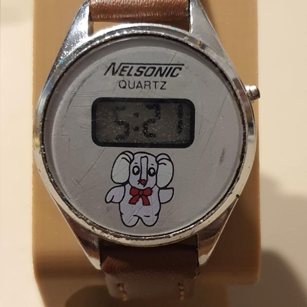 Vintage Nelsonic Silver/Brown Leather Women's Watch w/Elephant Print